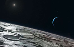 Reproducción artística de la superficie de Tritón. A la izquierda, el sol. A la derecha, Neptuno. | ESO