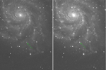 Dos imágenes de la supernova, en las que se observa como aumenta el brillo.| Universidad de Berkeley