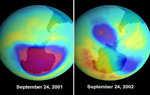 Imagenes del agujero de ozono sobre la Antrtida con un ao de diferencia. | NASA